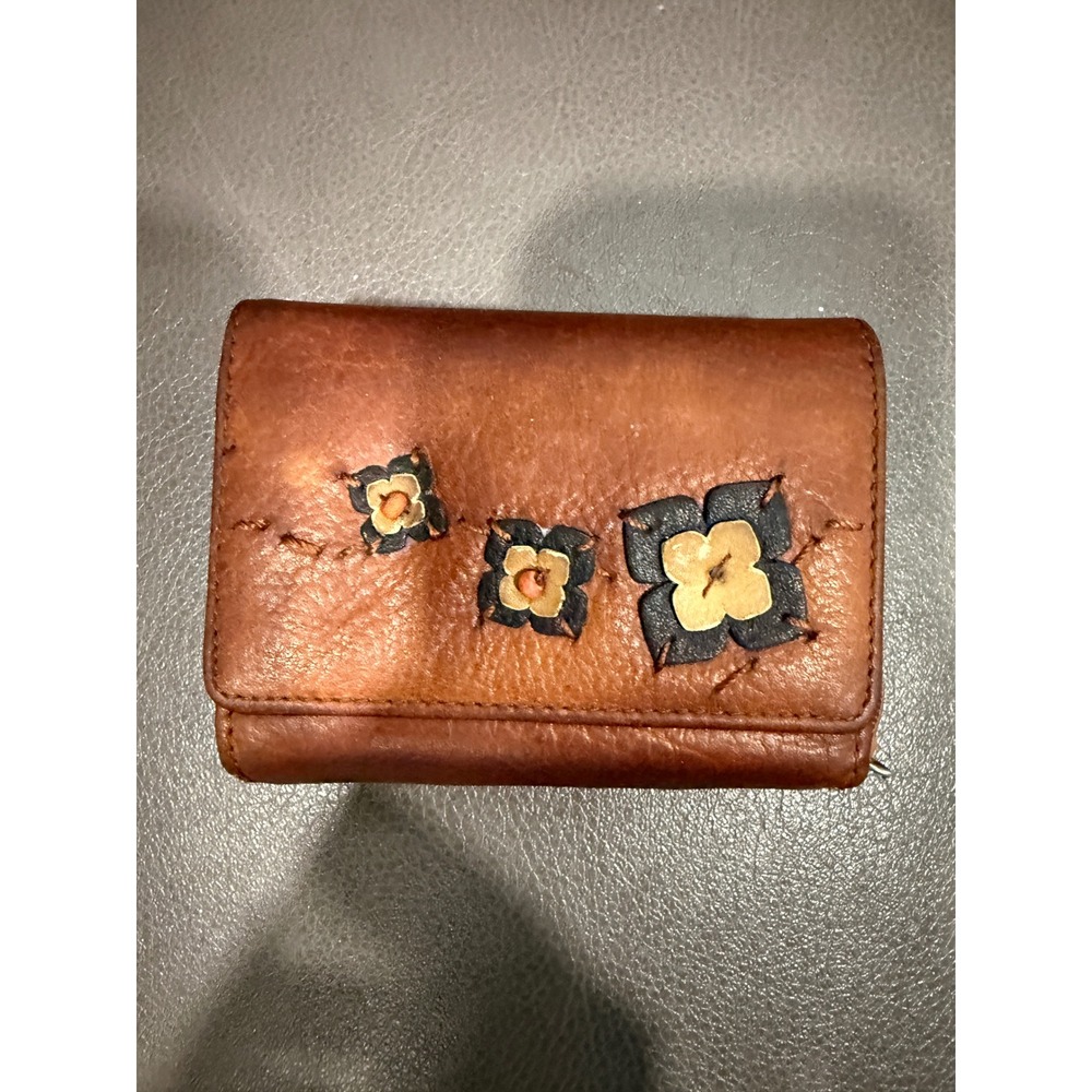 Brown Leather Tri Fold Wallet Floral Applique ID Window Coin Zip Pocket